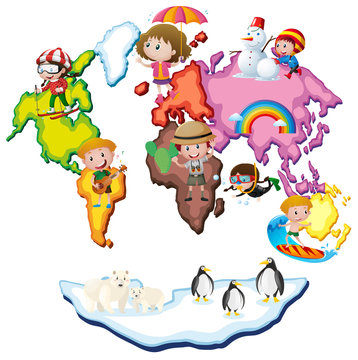 World map with kids and animals