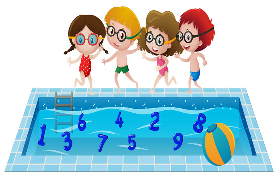 Children in swimming suit playing with numbers in the pool