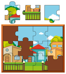 Fototapeta na wymiar Jigsaw puzzle pieces of village with many houses