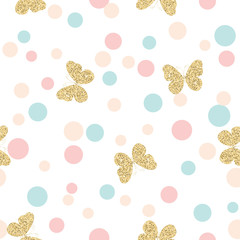 Gold glittering butterflies seamless pattern on pastel colors confetti round dots background.