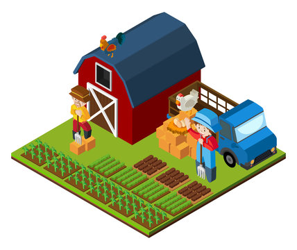 3D design for farm scene with farmer and barn