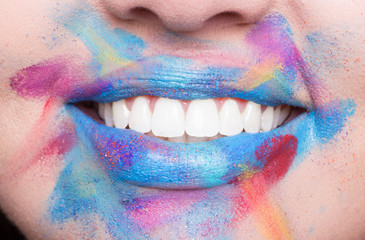 colorful lips lipstick, open mouth closeup, bright teeth