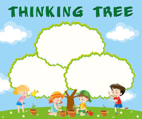 Obraz na płótnie Canvas Border template with kids planting trees