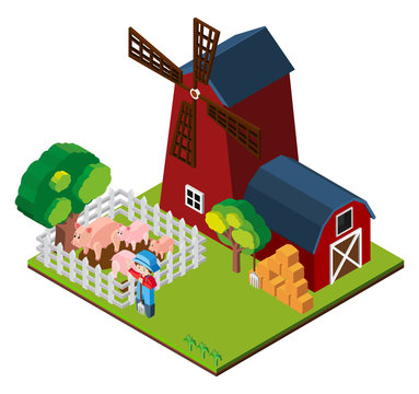 3D design for windmill and barn on the farm