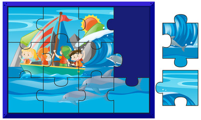 Jigsaw puzzle pieces of kids sailing