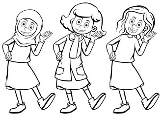 Women in three different costumes