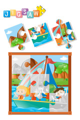 Jigsaw puzzle game with kids sailing in ocean