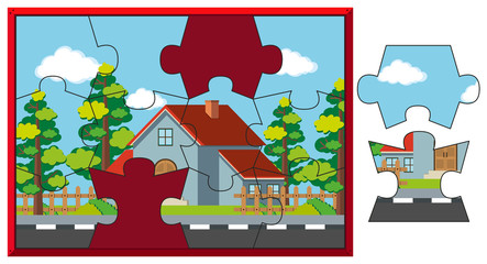 Jigsaw puzzle game with house on street