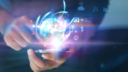 Businessman using mobile smartphone. Application icons interface on screen. Social media concept
