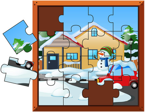 Jigsaw puzzle pieces for house in winter