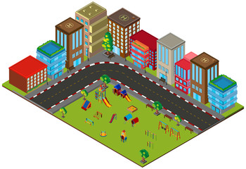 3D design for city scene with buildings and playground