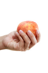 Hands hold apple isolated on white background.