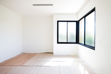 Empty room interior build wall gypsum board white colur and Air conditioner in construction site