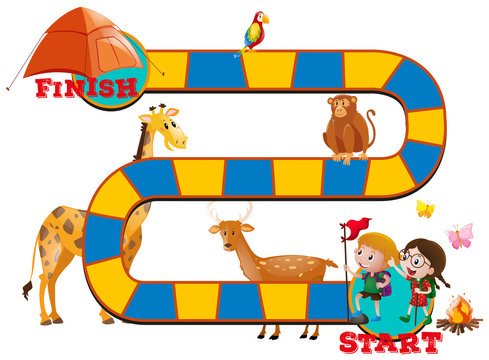 Game template with wild animals and kids