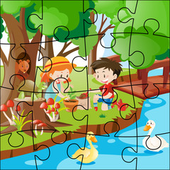 Jigsaw puzzle with kids planting trees