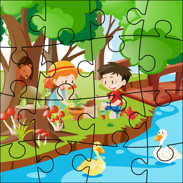 Jigsaw puzzle with kids planting trees