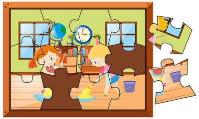 Jigsaw puzzle with kids cleaning house