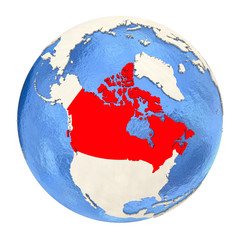 Canada in red on full globe isolated on white