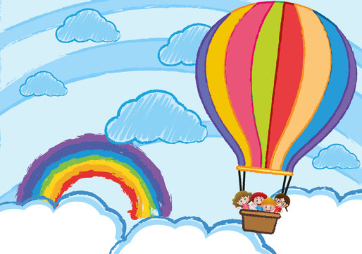 Children riding on balloon in the sky