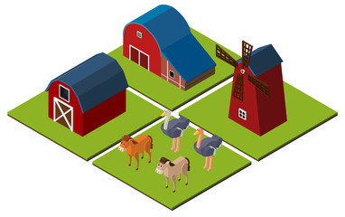 3D design for farm scene with barns and animals