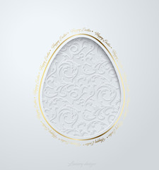 Easter greeting card with caper cut egg floral pattern. White background with golden elegant Happy Easter text around