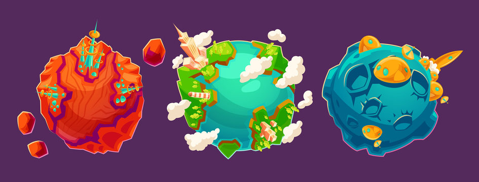 Set of vector cartoon illustrations fantasy alien planets with buildings and other structures on them