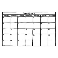 calendar January 2017 - vector illustration sketch hand drawn with black lines, isolated on white background