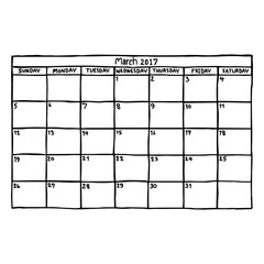 calendar March 2017 - vector illustration sketch hand drawn with black lines, isolated on white background