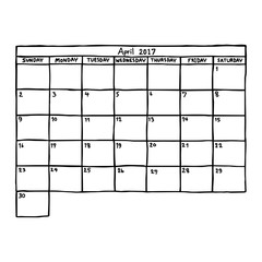 calendar April 2017 - vector illustration sketch hand drawn with black lines, isolated on white background