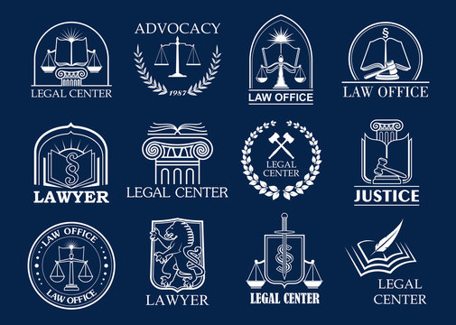 Law firm, legal center and lawyer office badge set