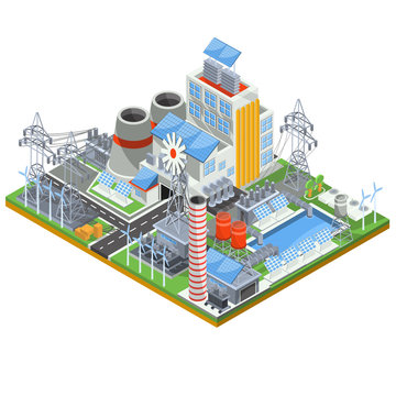 Isometric vector illustration of a thermal thermal power plant running on alternative sources of energy.