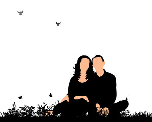  silhouette man and woman sitting on the grass