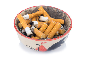 cigarette ash ashtray isolated on white background