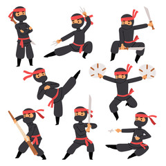 Different poses of ninja fighter in black cloth character warrior sword martial weapon japanese man and karate cartoon person action mask kick vector. © Vectorvstocker