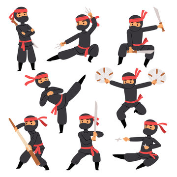 Different poses of ninja fighter in black cloth character warrior sword martial weapon japanese man and karate cartoon person action mask kick vector.