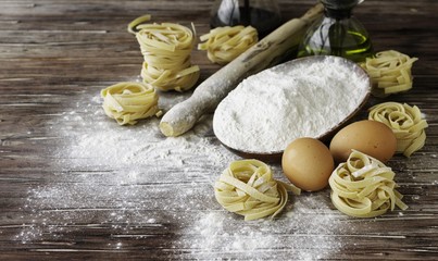 A set of products for cooking pasta with wheat flour, a selective focus