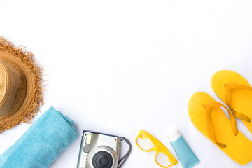 Summer accessories on white background.