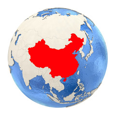 China in red on full globe isolated on white