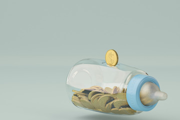 Baby bottles bank and gold coin on blue background. 3d illustration