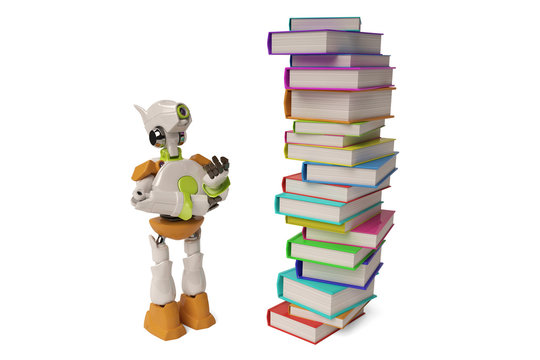 Robot with a pile of books,3D illustration.