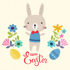 Vector Happy Easter template with eggs, flowers, rabbit and typographic design on the textured background.