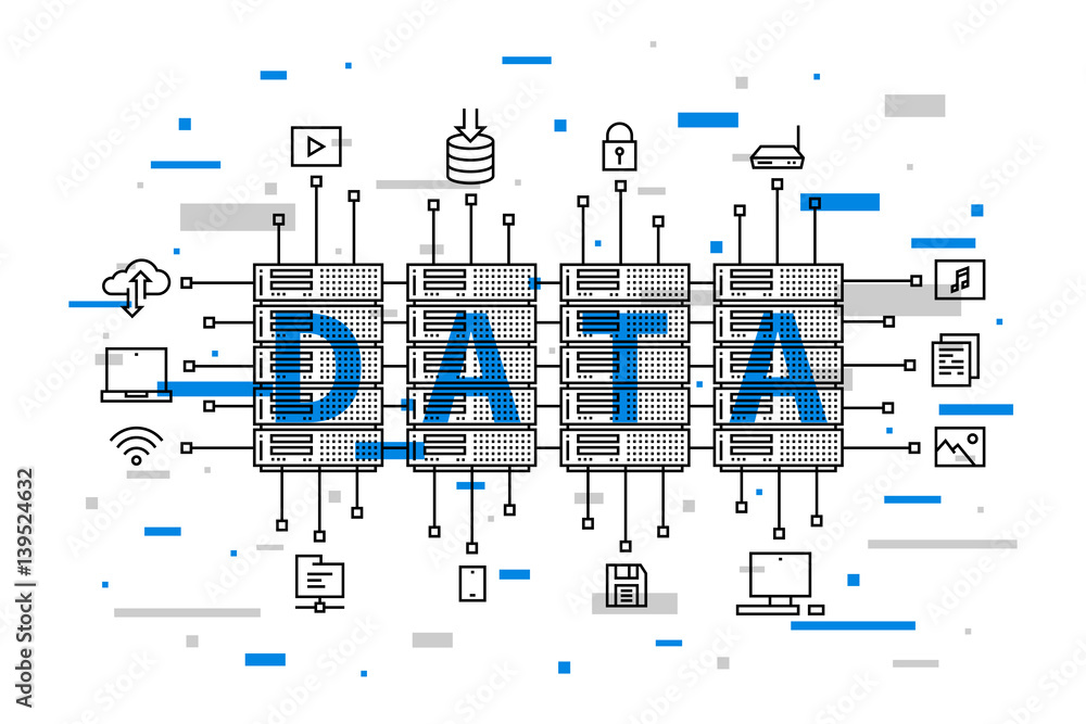 Aufkleber data center network technology vector illustration. internet server equipment line art creative conc
