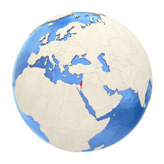 Israel in red on full globe isolated on white