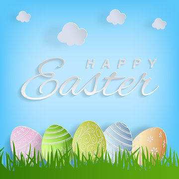 Happy Easter text and easter eggs on nature background for Pascha holiday greeting card. Vector illustration.