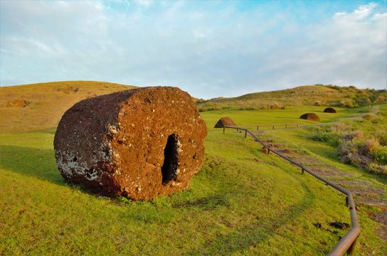 Long shot of Puna Pau an extinct volcano where the pukaos, or moai headdresses, were built in Easter Island, Rapa Nui, Chile, South America