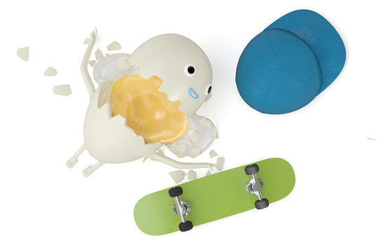 A cartoon egg has an accident when Skateboarding,3D illustration.