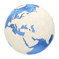 Armenia in red on full globe isolated on white