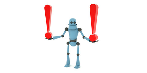 Two large , red exclamation mark in the hands of a robot, 3d render