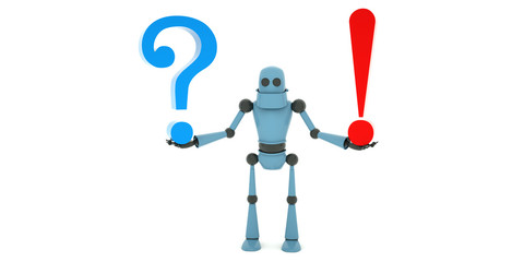 The robot leaning on a big question mark and a big exclamation mark, 3d render