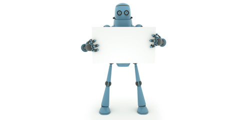 Robot holds in his hands a poster in all growth, 3d render